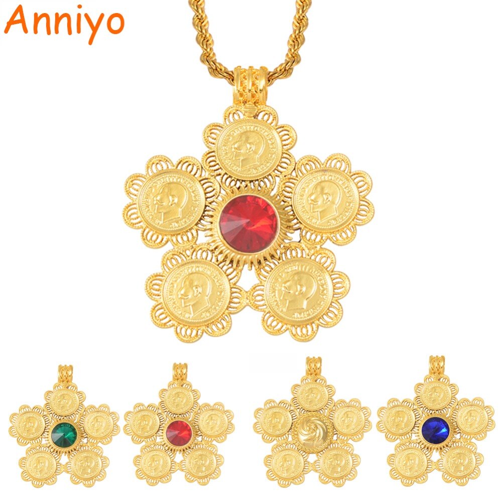 Anniyo Ethiopia Coins Jewelry Arab Pendant Necklaces Women Ethiopian Wedding Eritrea African Gold Color Coin Jewellery #014116