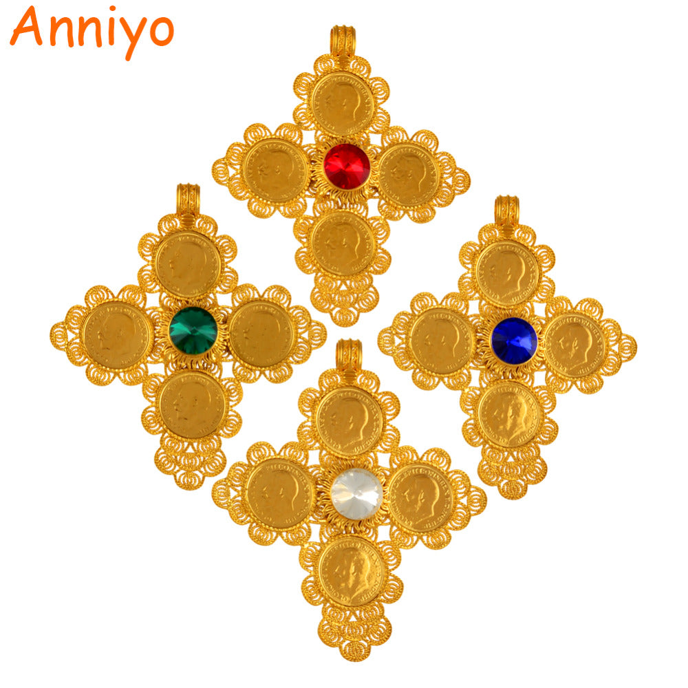Ethiopian Big Cross Pendants Necklaces Women/Men Gold Color Jewelry Africa Coin Cross/Eritrea Habesha Necklace #044202