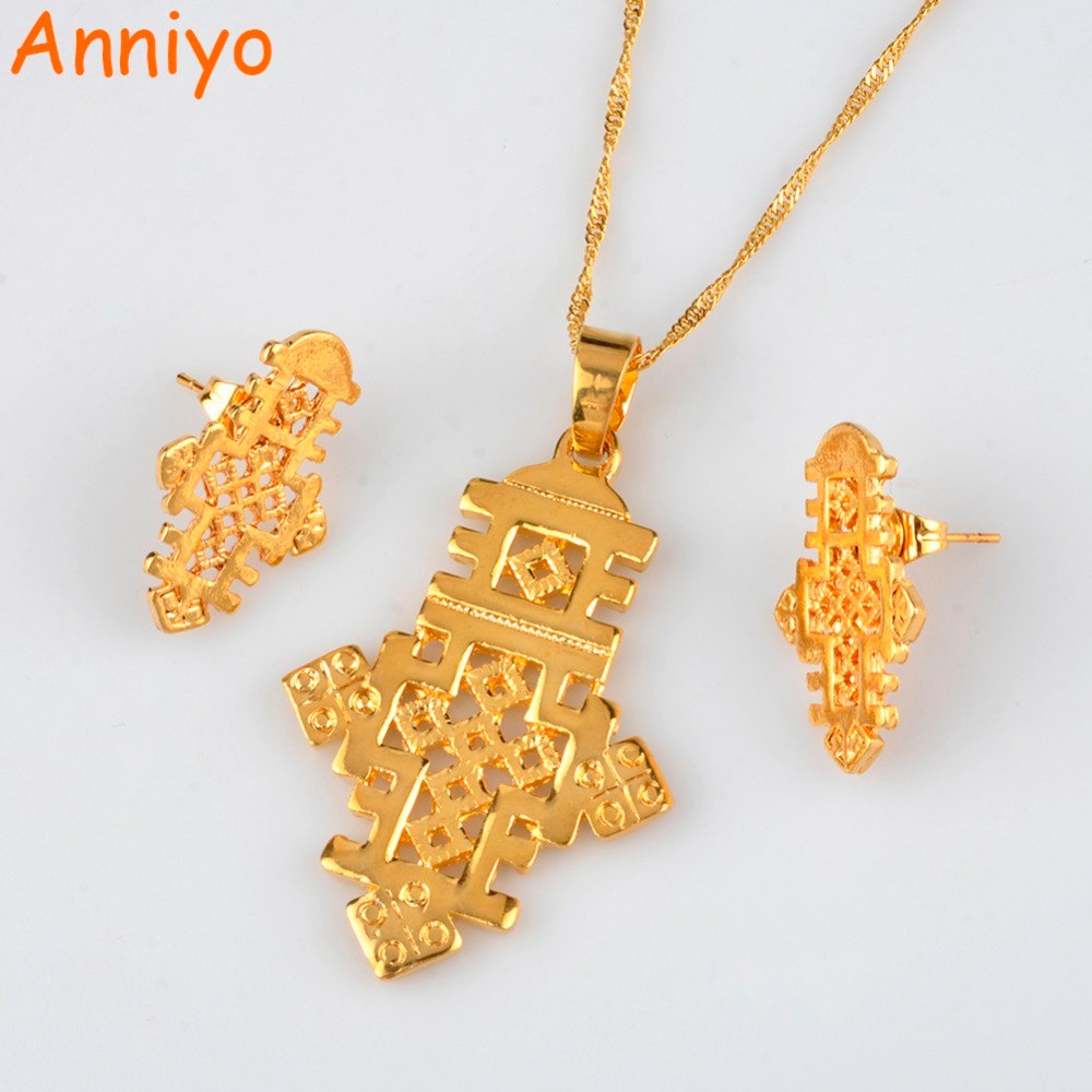Ethiopian Cross Jewelry sets Necklace and Earrings for Women Gold Color African Eritrean Crosses sets #083506