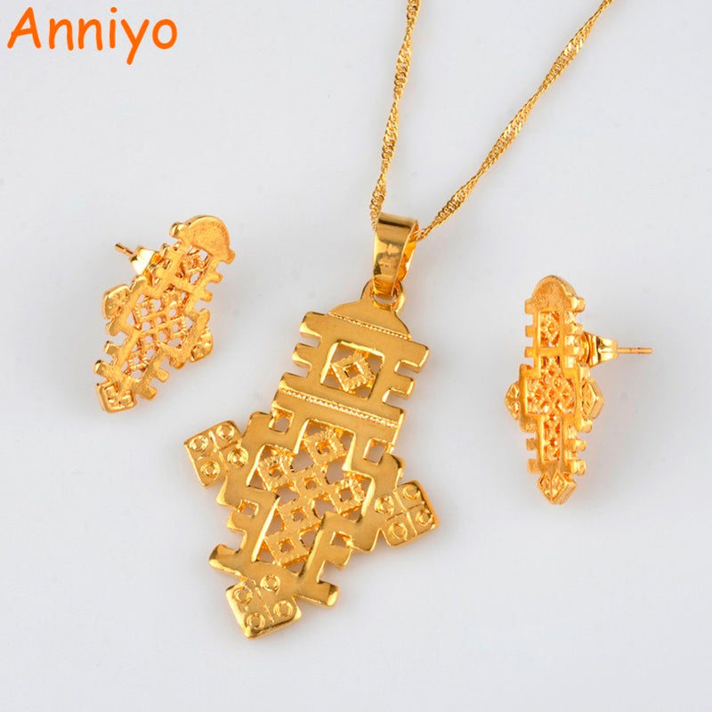 Ethiopian Cross Jewelry Set Necklace And Earrings Ethiopia Gold Eritrea  Sets For Women's Habesha Wedding Party Gift - Jewelry Sets - AliExpress