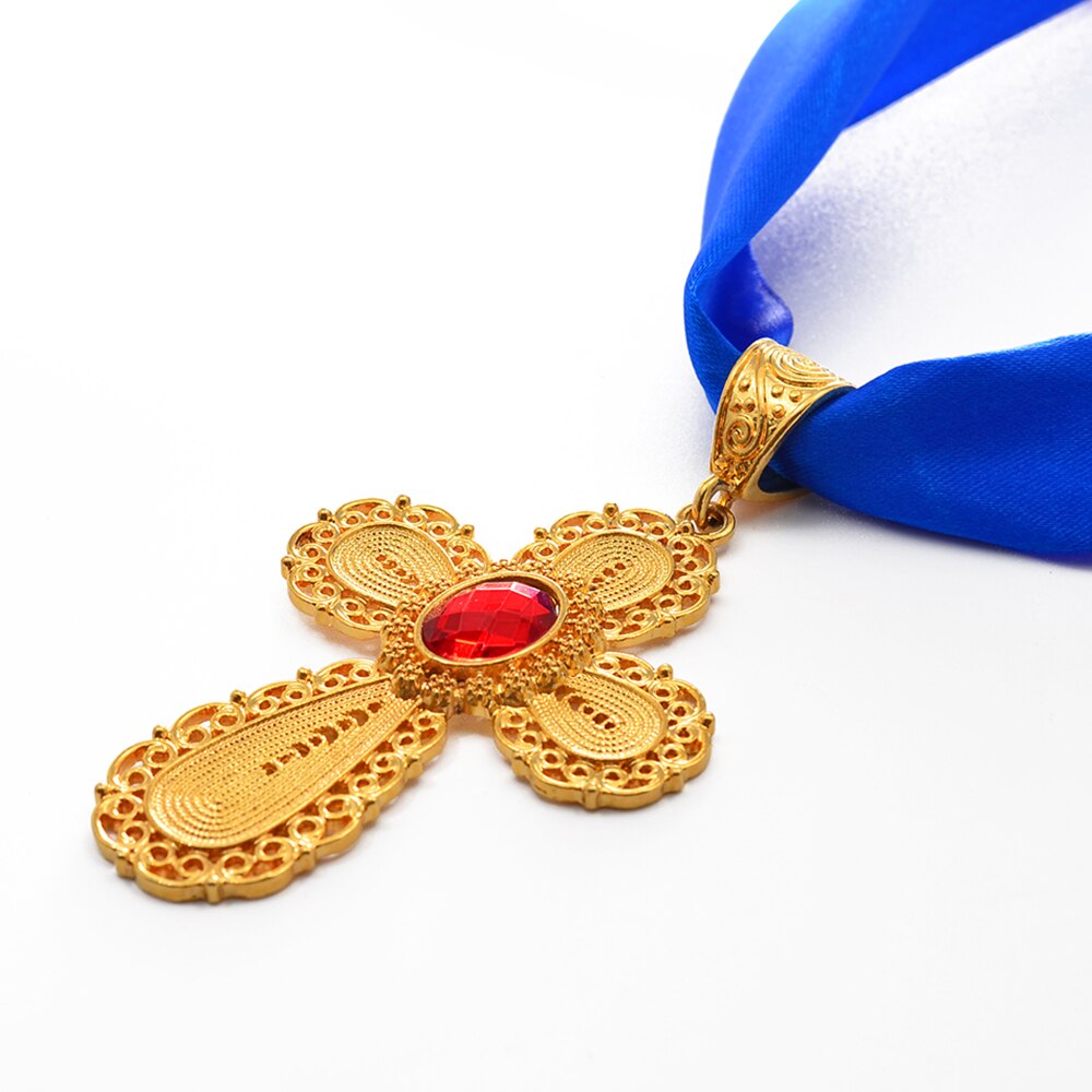 Anniyo Ethiopian Cross Pendant Rope Chain for Women Girls,African Birthday Party Gold Color Eritrea Jewelry Crosses #241306