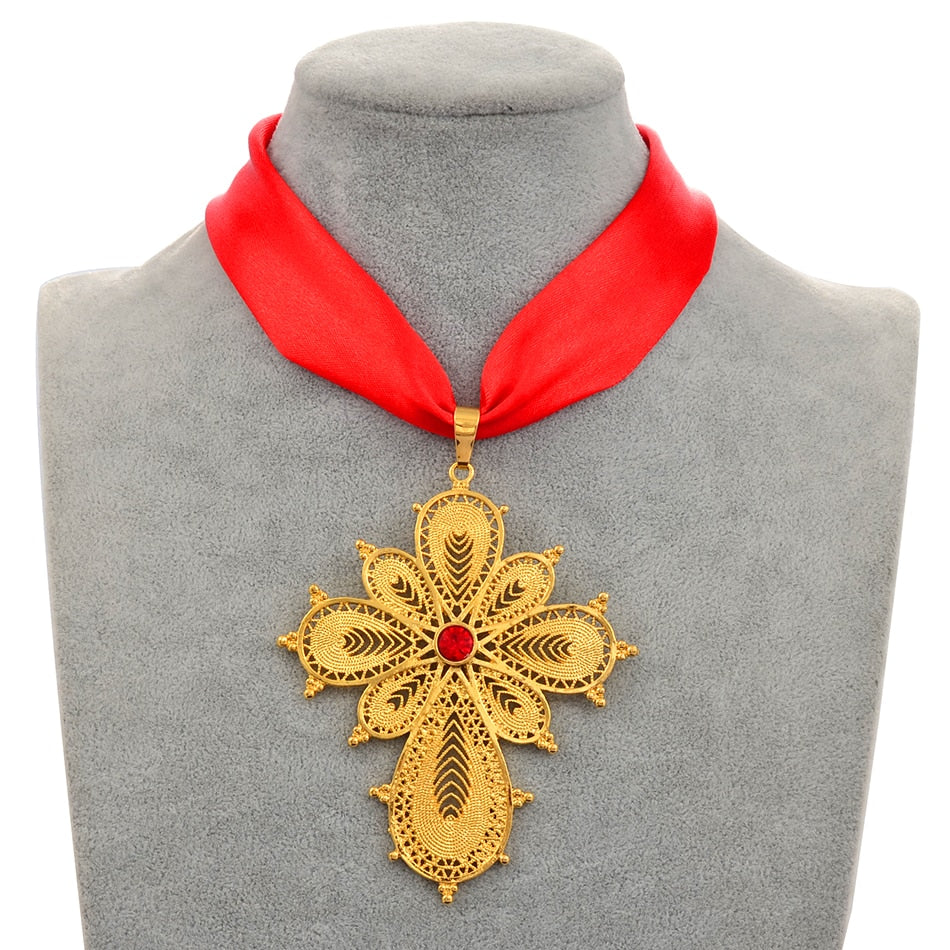 Anniyo Ethiopian Wedding Party Cross Pendant DIY Rope Chain for Women Girls,Gold Color Eritrea Jewelry African Crosses #222306