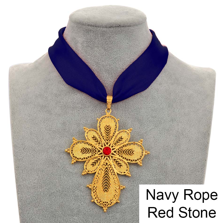 Anniyo Ethiopian Wedding Party Cross Pendant DIY Rope Chain for Women Girls,Gold Color Eritrea Jewelry African Crosses #222306