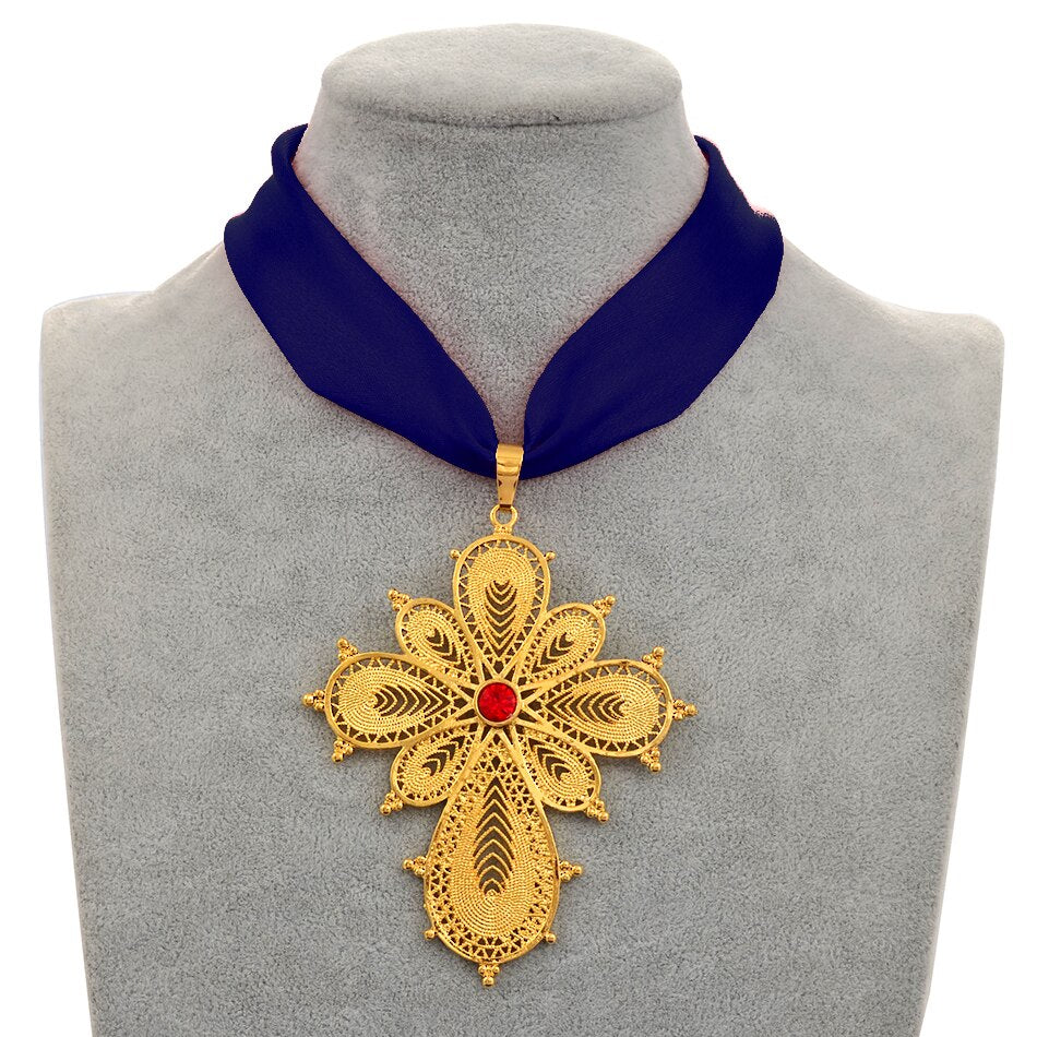 Anniyo Ethiopian Wedding Party Cross Pendant DIY Rope Chain for Women Girls,Gold Color Eritrea Jewelry African Crosses #222306