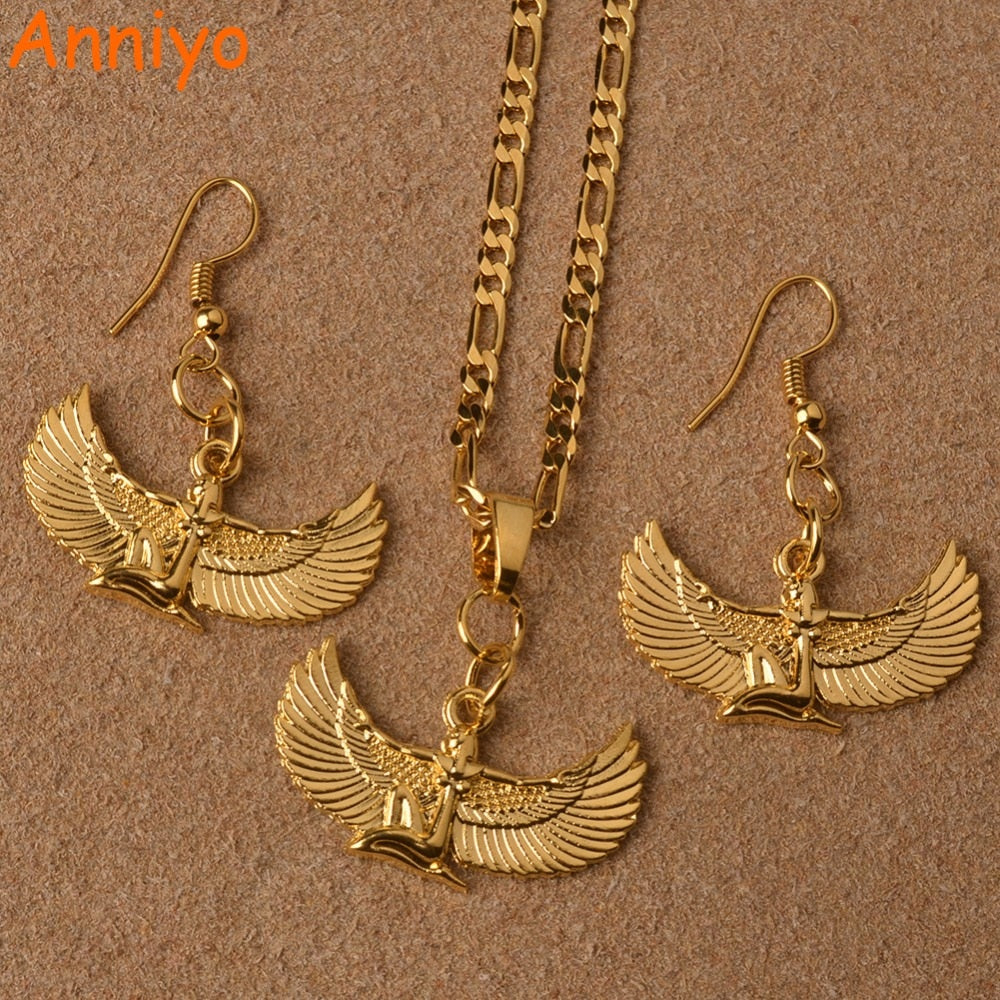 Fab Egyptian Goddess Necklace Earrings sets Gold Color Wing Necklace Ankh Bib Wicca Pagan Jewelry Egypt Religion #098706