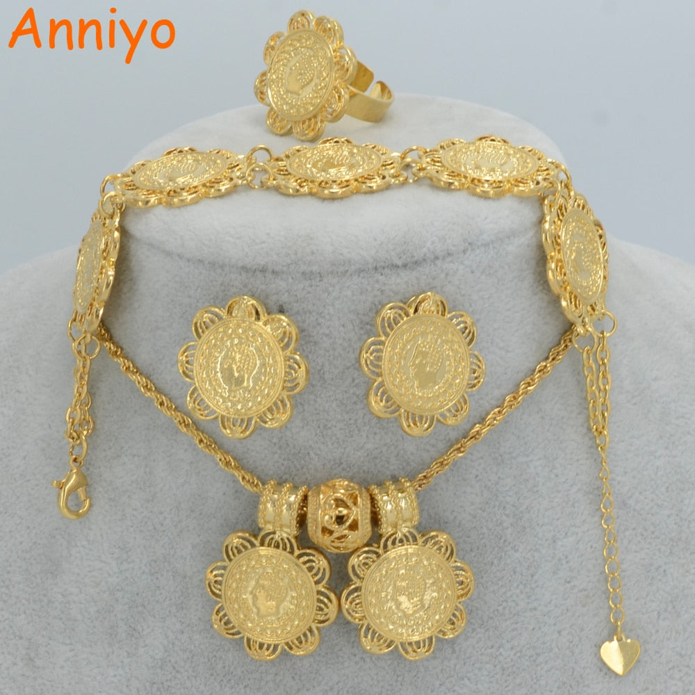 Anniyo Gold Color Coin Pendant Necklace Earrings Ring Bracelet Ethiopian Jewelry sets Eritrea Habesha Gifts 014106