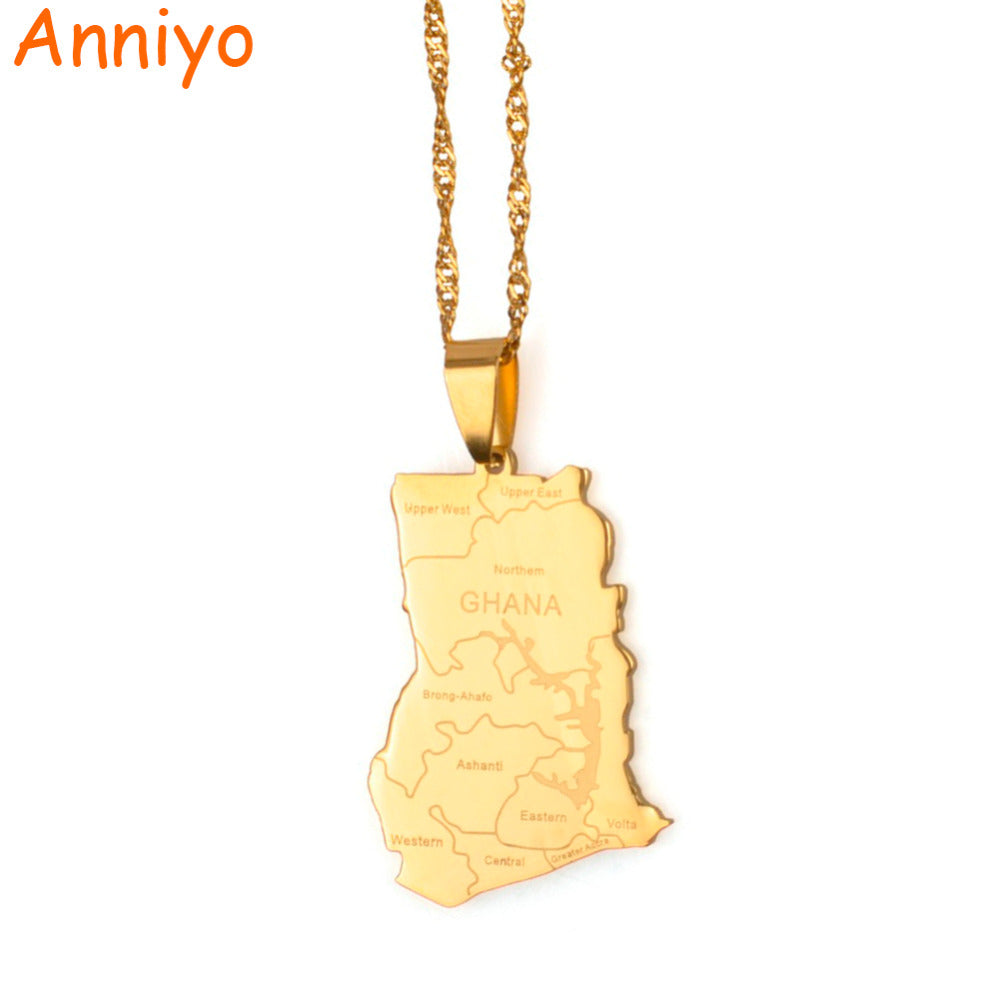Gold Color Ghana Country Map With State Name Pendant Necklaces Charm Ghanaian Jewelry Gifts #019821