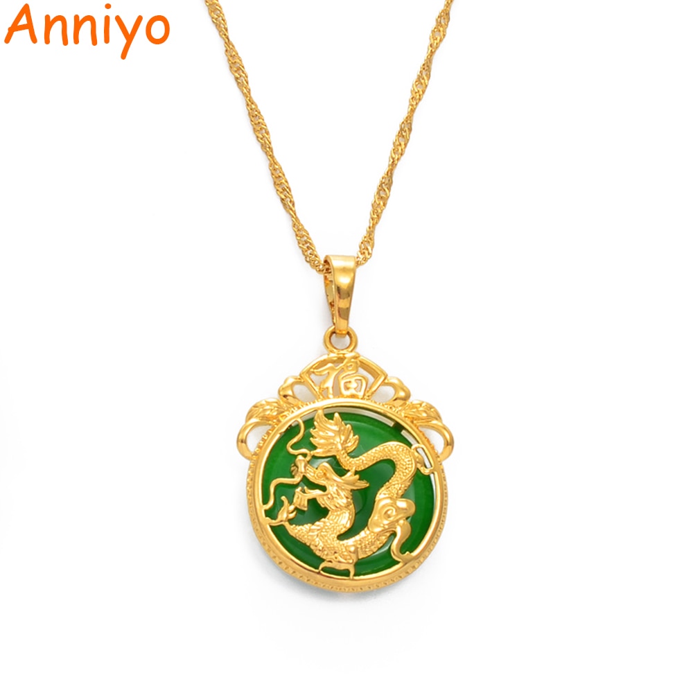 Anniyo Green Stone Dragon Pendant Necklaces Women Amulet Chinese Culture Style Elements Necklace Jewelry Style #072204