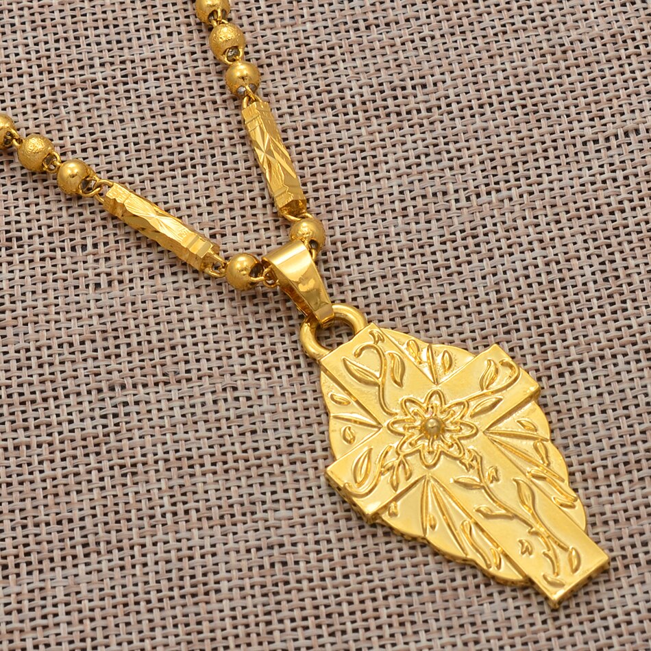 Anniyo Hawaii Flower Gold Color Cross Pendant Ball Beads Chain Necklaces Habesha Micronesia Chuuk Marshall Jewelry #198106P