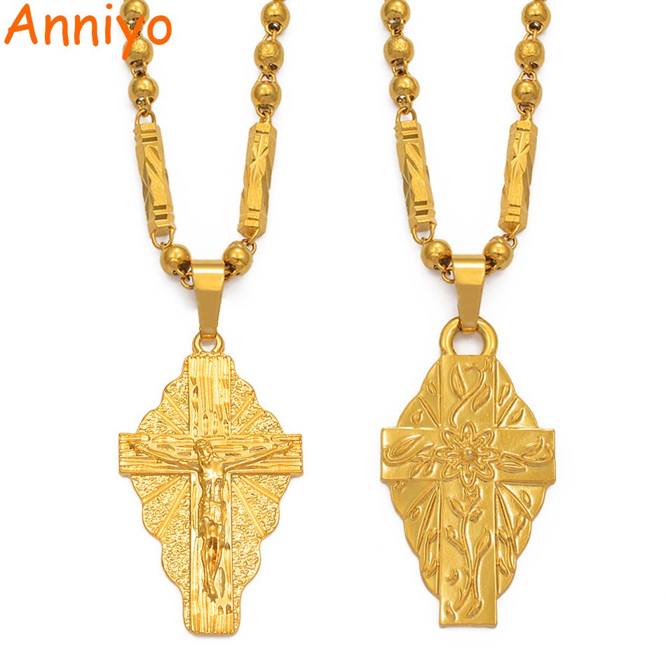 Anniyo Hawaii Flower Gold Color Cross Pendant Ball Beads Chain Necklaces Habesha Micronesia Chuuk Marshall Jewelry #198106P