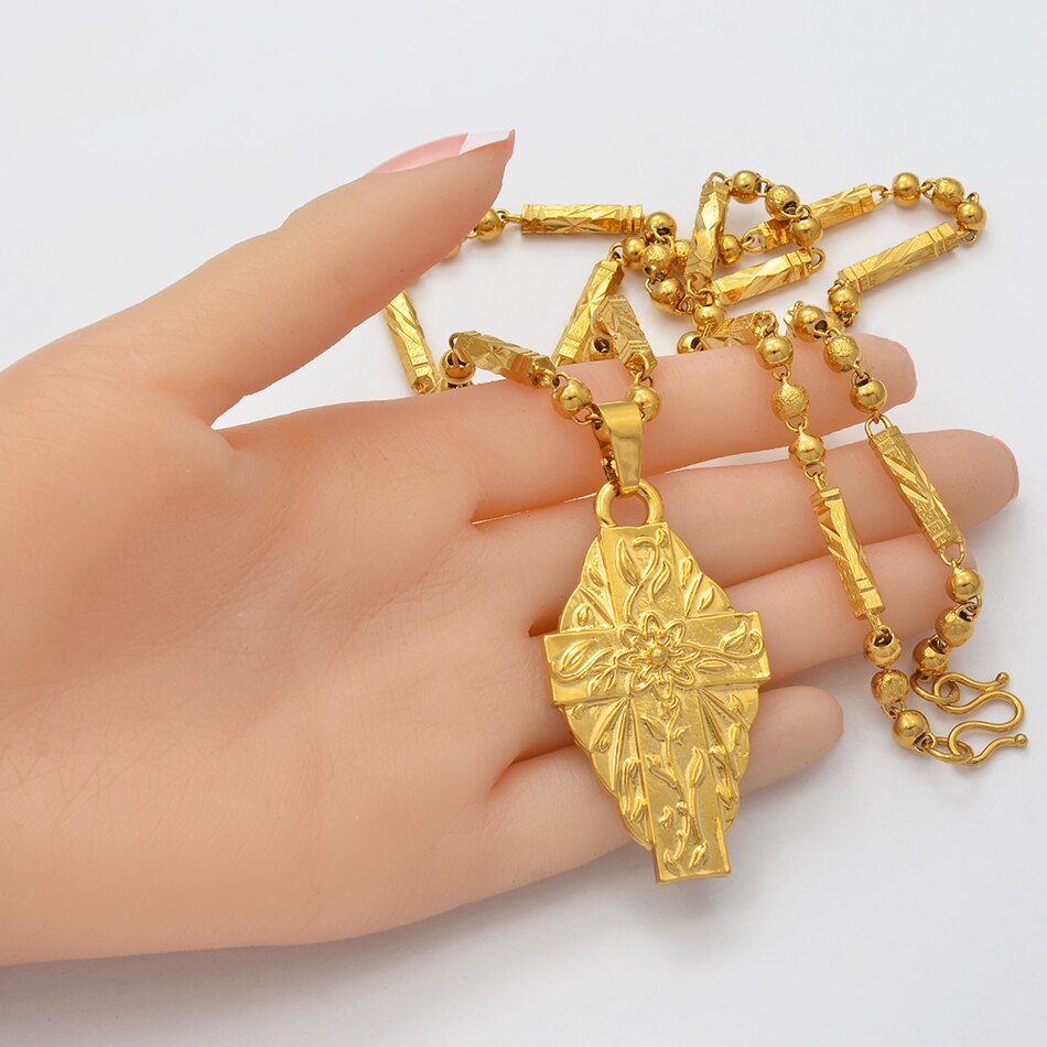 Anniyo Hawaii Flower Gold Color Cross Pendant Ball Beads Chain Necklaces Habesha Micronesia Chuuk Marshall Jewelry #198106P