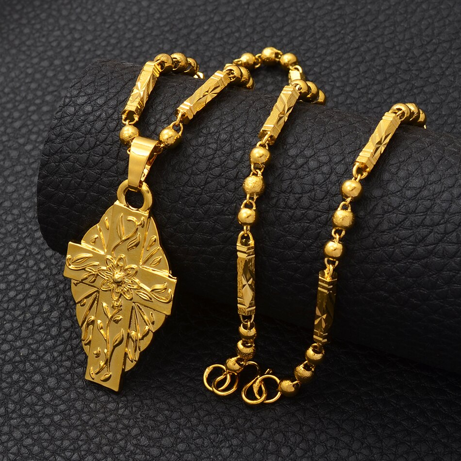 Anniyo Hawaii Flower Gold Color Cross Pendant Ball Beads Chain Necklaces Habesha Micronesia Chuuk Marshall Jewelry #198106P