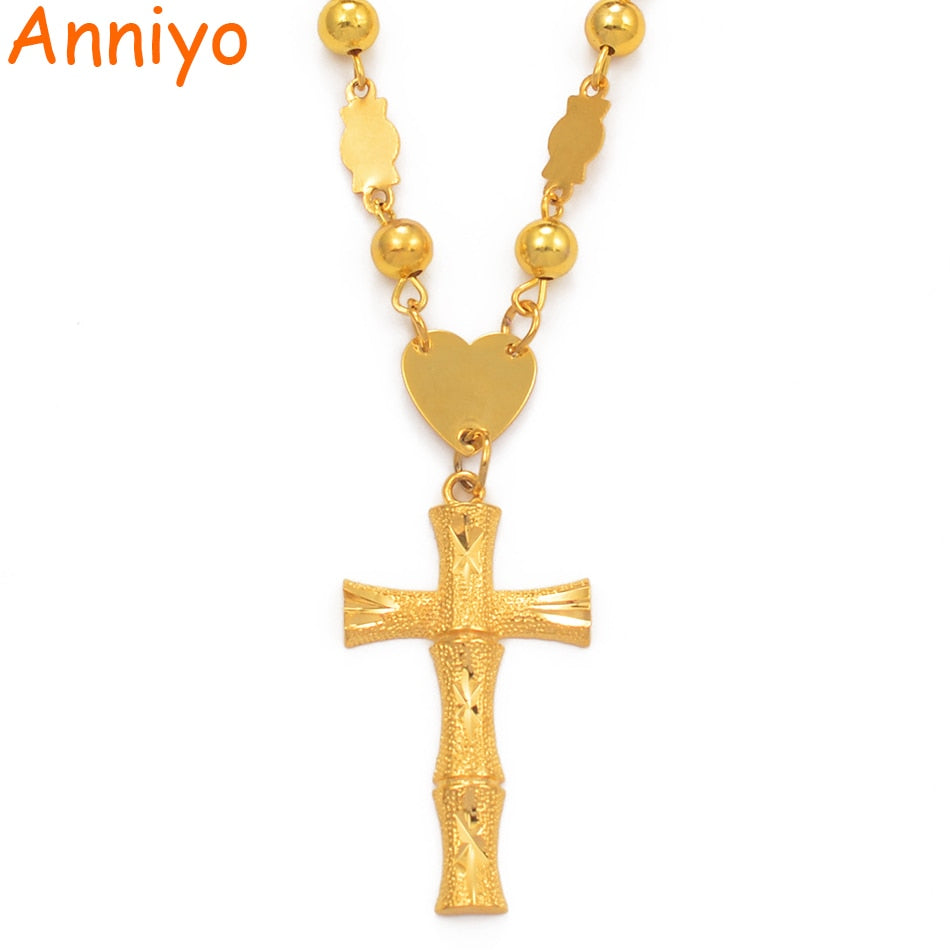 Anniyo Hawaiian Cross and Bead Chain Micronesia Jewelry Bamboo Crosses for Women Men Guam Jewellery Marshall Necklaces #001036