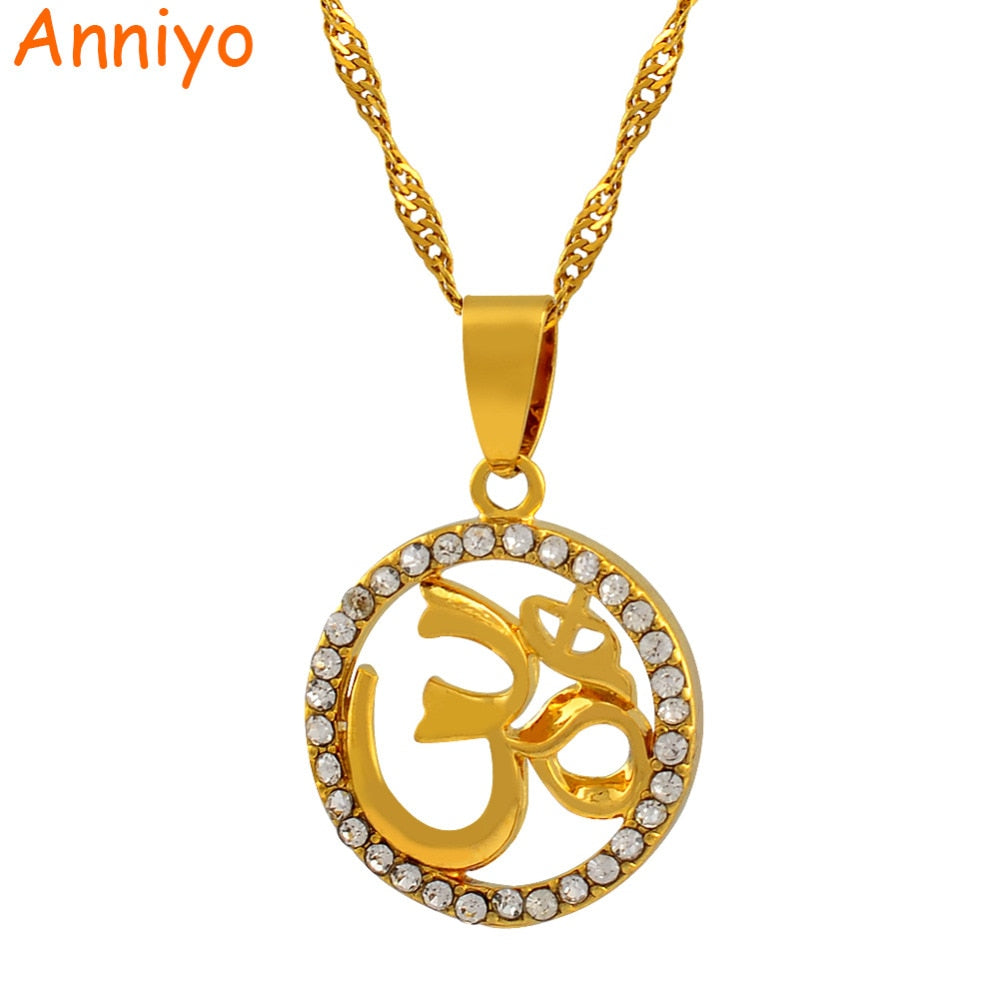 Anniyo Hindoo Jewelry, Hindu Buddhist  OM Pendant Necklace Hinduism Yoga India Outdoor Sport Chain Gold Color Women