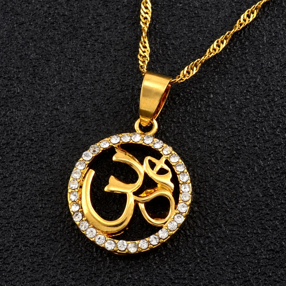 Anniyo Hindoo Jewelry, Hindu Buddhist  OM Pendant Necklace Hinduism Yoga India Outdoor Sport Chain Gold Color Women