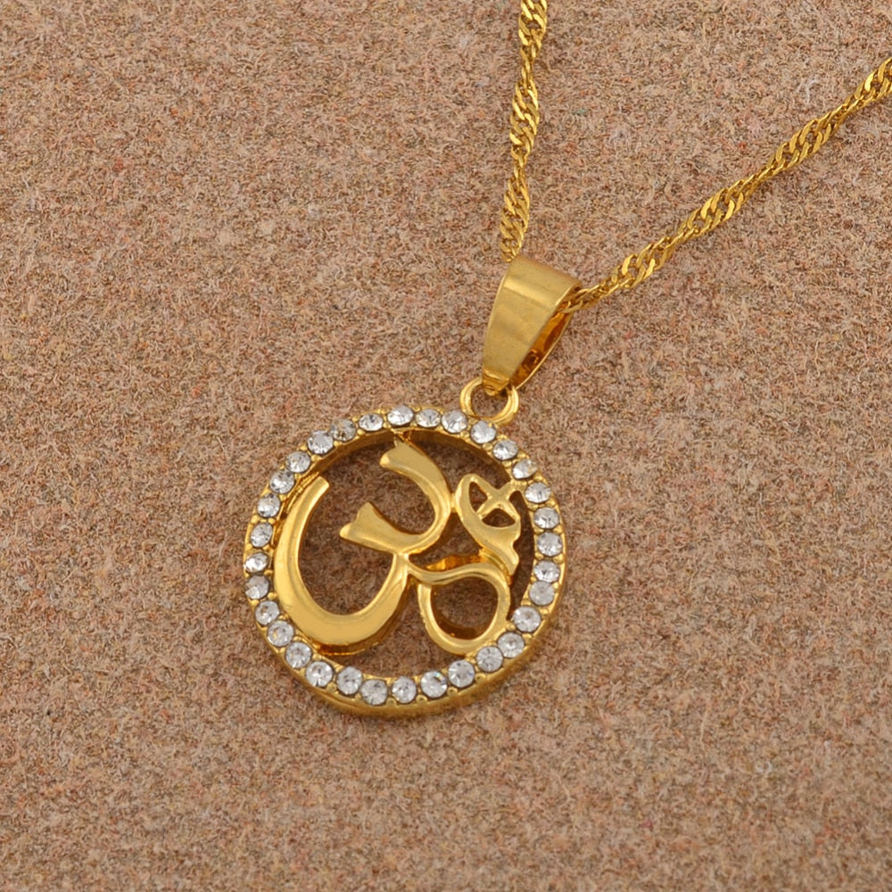 Anniyo Hindoo Jewelry, Hindu Buddhist  OM Pendant Necklace Hinduism Yoga India Outdoor Sport Chain Gold Color Women
