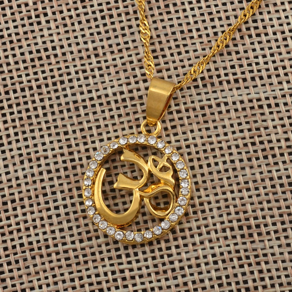 Anniyo Hindoo Jewelry, Hindu Buddhist  OM Pendant Necklace Hinduism Yoga India Outdoor Sport Chain Gold Color Women