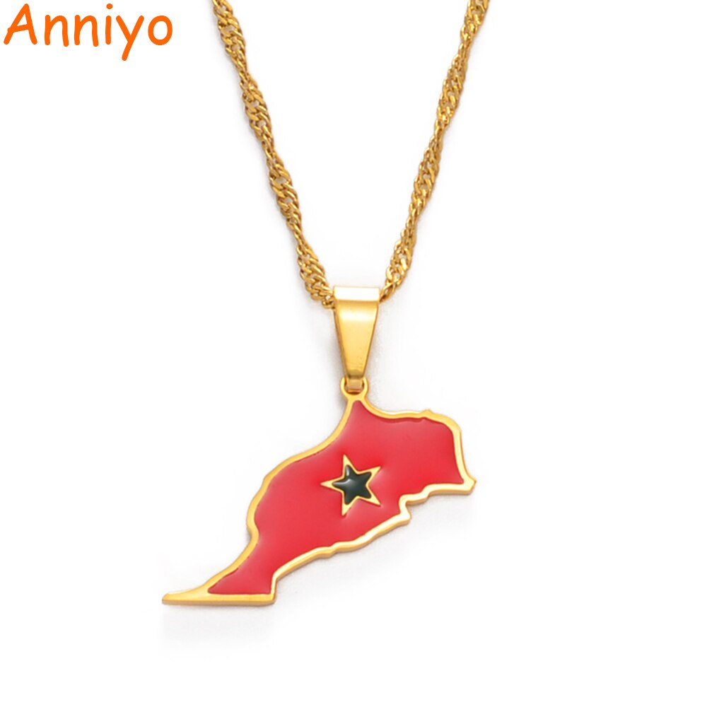 Anniyo Morocco Map & Flag Pendant Necklaces Stainless Steel and Gold Color Moroccan Ethnic Jewelry Gifts #154921