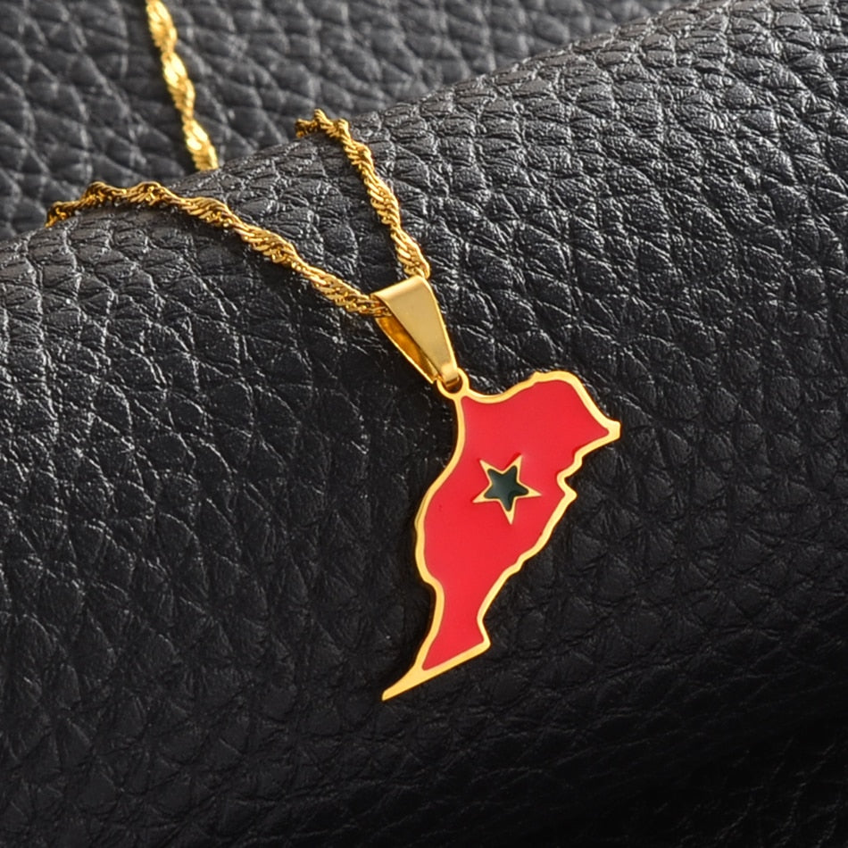 Anniyo Morocco Map & Flag Pendant Necklaces Stainless Steel and Gold Color Moroccan Ethnic Jewelry Gifts #154921