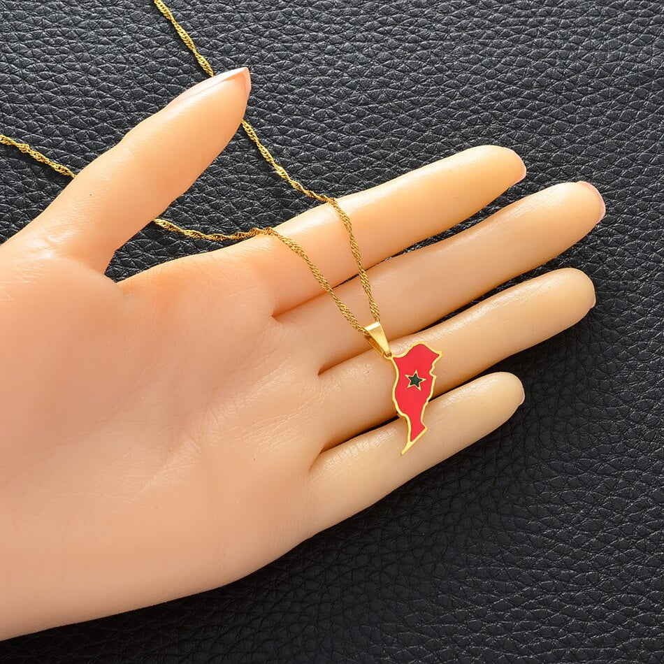 Anniyo Morocco Map & Flag Pendant Necklaces Stainless Steel and Gold Color Moroccan Ethnic Jewelry Gifts #154921