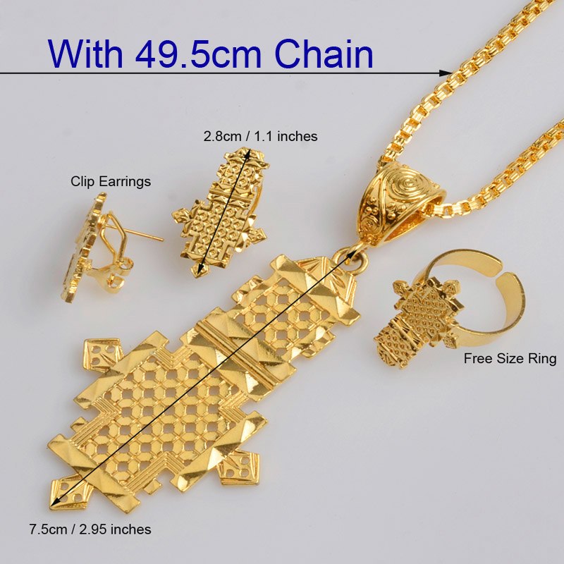 New Ethiopian Cross Big Pendant Chain & Earrings Ring Gold Color Africa Eritrea Crosses Jewelry Set For Women #062506