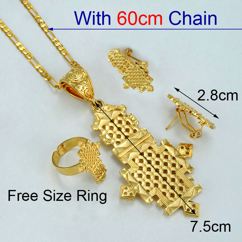 New Ethiopian Cross Big Pendant Chain & Earrings Ring Gold Color Africa Eritrea Crosses Jewelry Set For Women #062506