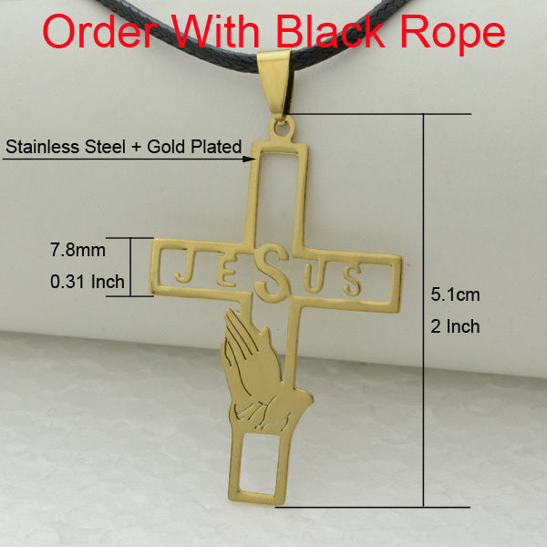 Praying Hands Wall Cross Rope Pendant Jesus Prayer Stainless Steel Gold/Silver Color Crosses Jewelry Women Men #200421