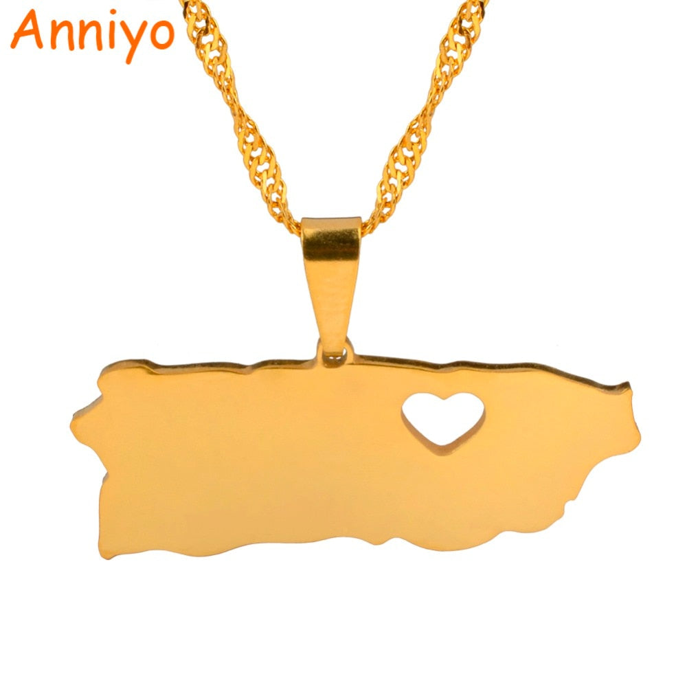 Puerto Rico With Heart Map Pendant Necklaces Gold Color PR Puerto Ricans Jewelry Gifts #025221