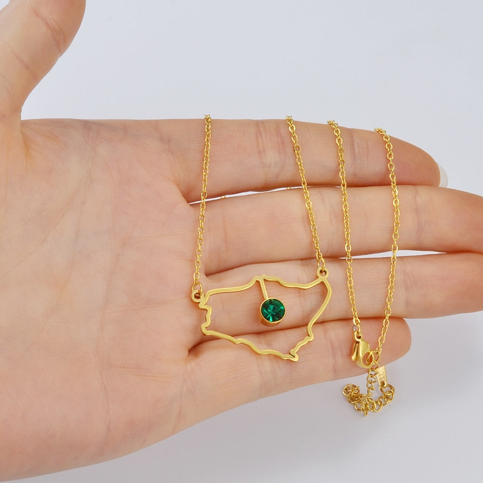 Anniyo Saudi Arabia Map With Green Stone Gold Color Charm Pendant Necklace Kingdom of Saudi Arabia Jewelry Women Girls  #174121