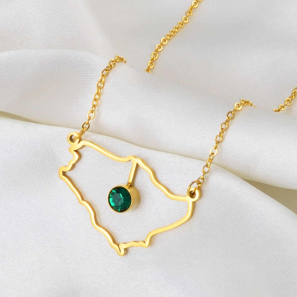 Anniyo Saudi Arabia Map With Green Stone Gold Color Charm Pendant Necklace Kingdom of Saudi Arabia Jewelry Women Girls  #174121