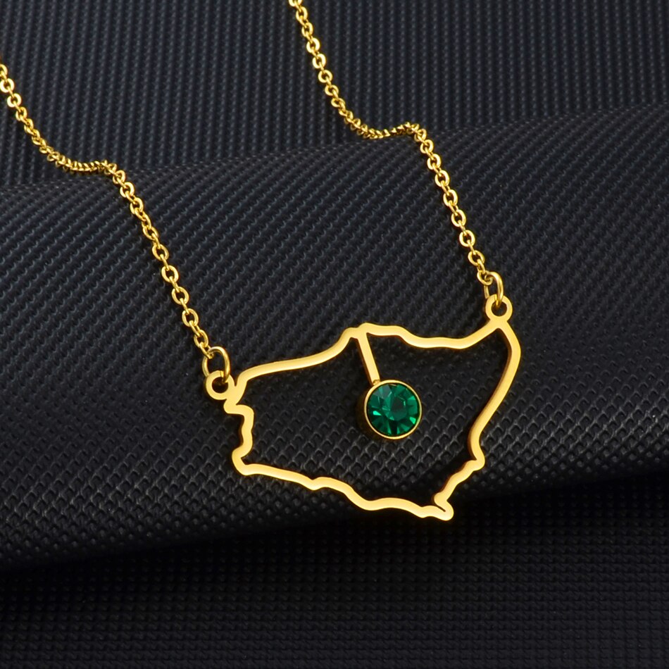Anniyo Saudi Arabia Map With Green Stone Gold Color Charm Pendant Necklace Kingdom of Saudi Arabia Jewelry Women Girls  #174121