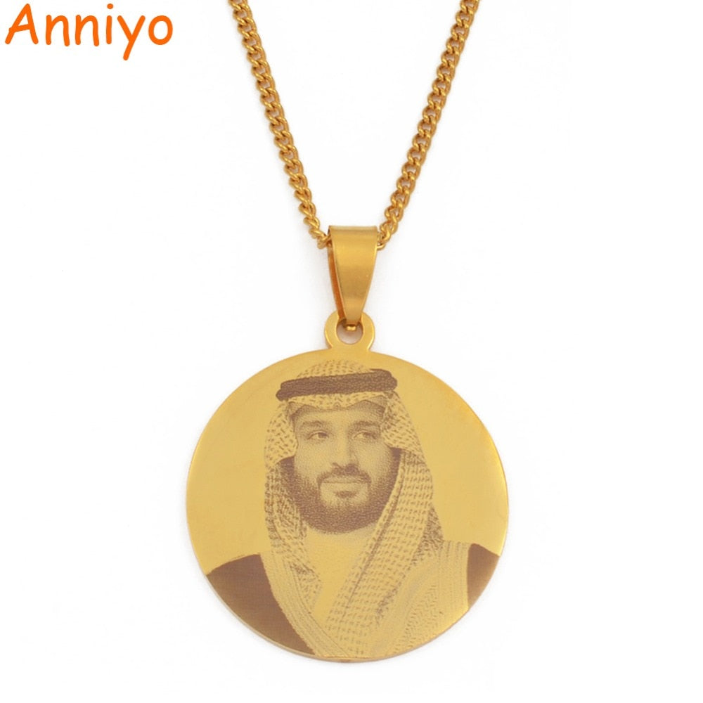 Anniyo Saudi Arabia Mohammed bin Salman Pendant Necklaces Gold Color Stainless Steel Jewelry #073521