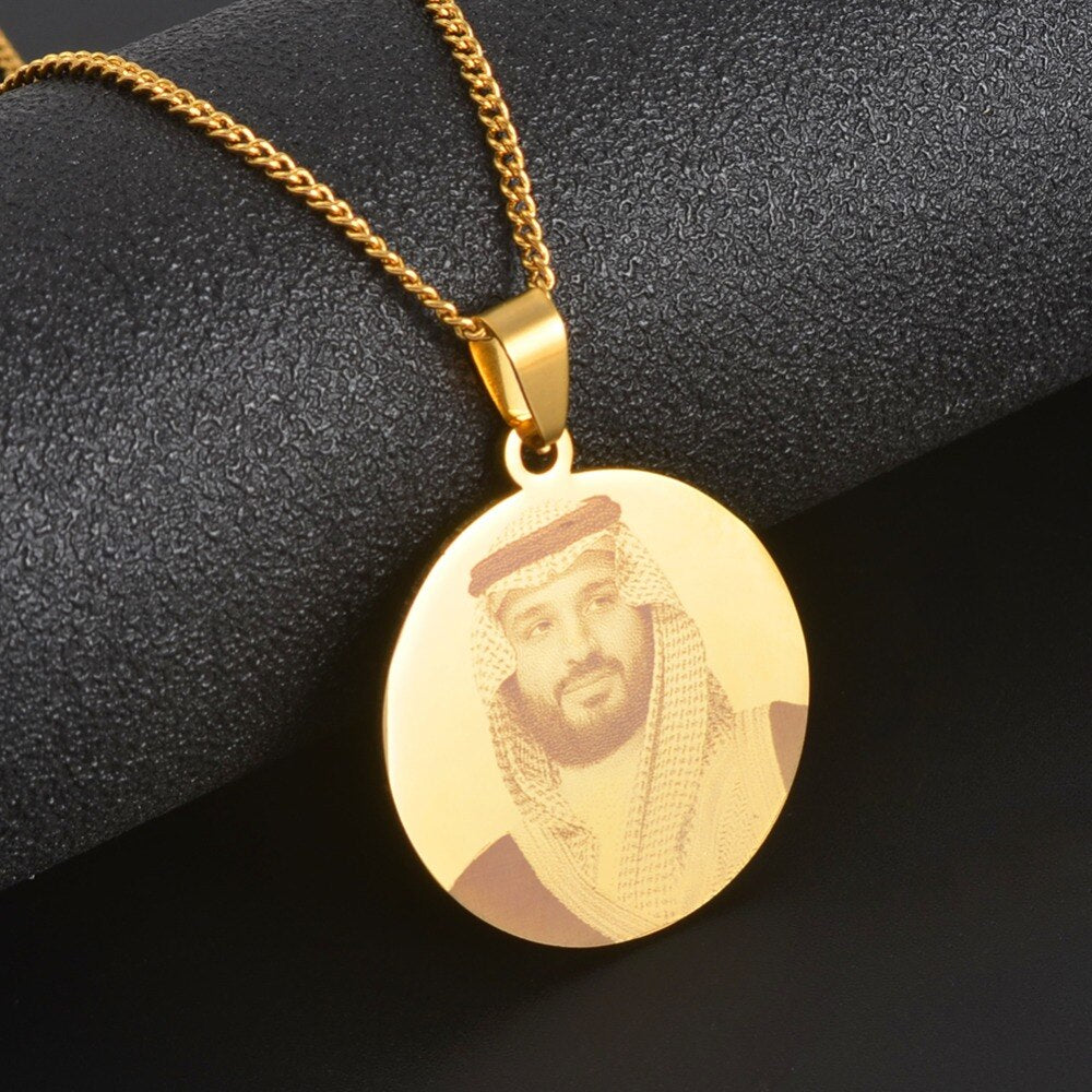 Anniyo Saudi Arabia Mohammed bin Salman Pendant Necklaces Gold Color Stainless Steel Jewelry #073521