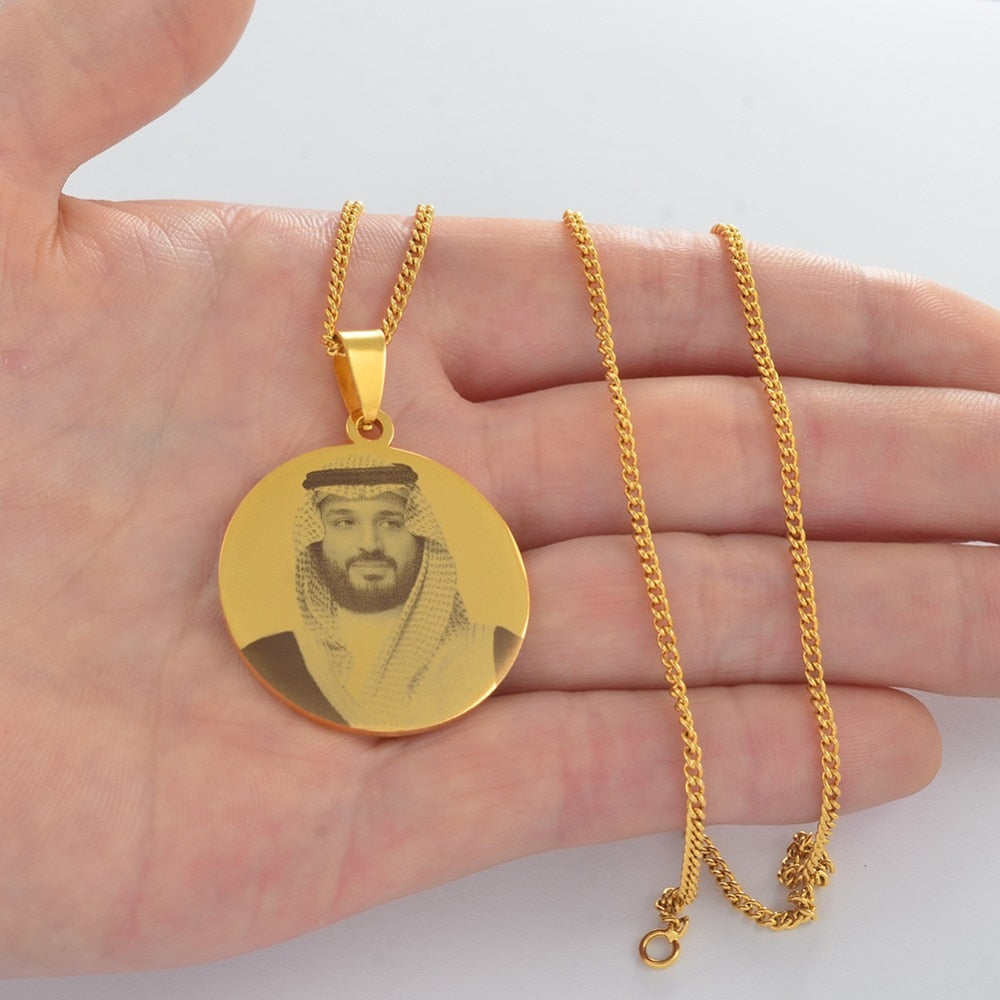 Anniyo Saudi Arabia Mohammed bin Salman Pendant Necklaces Gold Color Stainless Steel Jewelry #073521