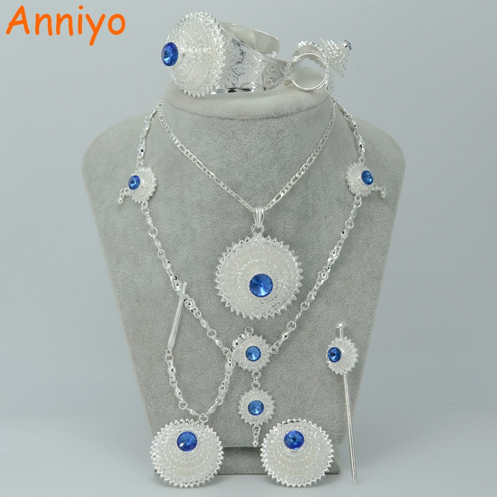 Silver Color Ethiopian Jewelry Set W/Blue Stone Habesha Bride Wedding Eritrea Forehead Chain Hair Piece #000617