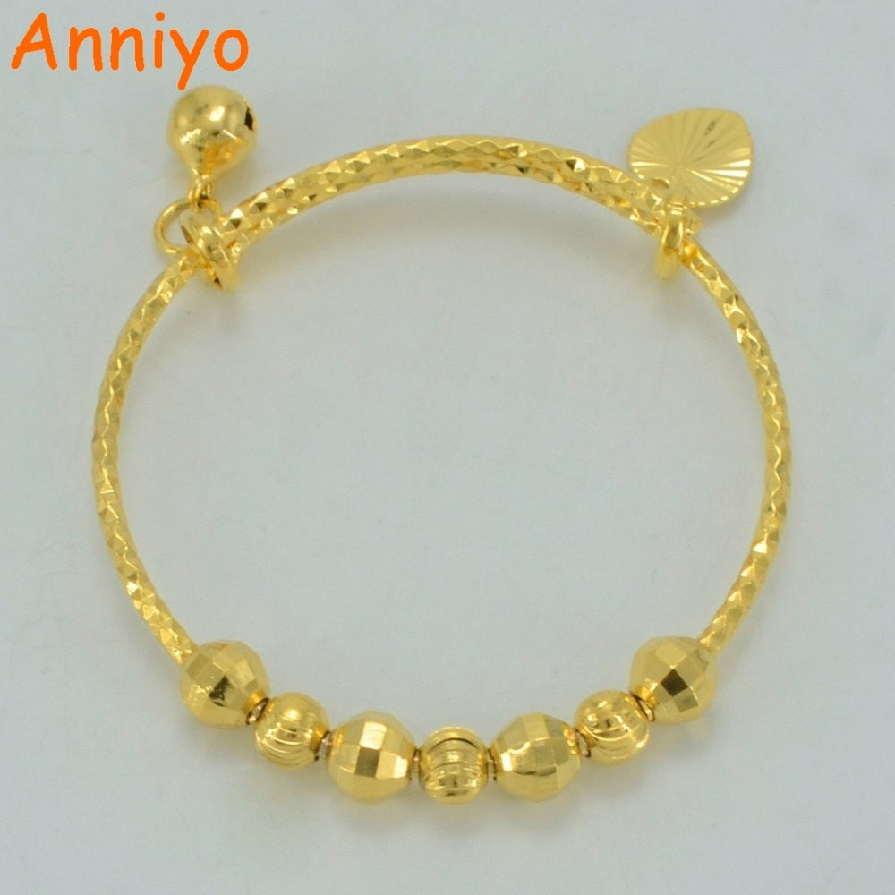 Small Bangle for Girls/Baby Gold Color Charm Beads Bracelet Small Bell/Heart Jewelry Child Party Gifts #047802