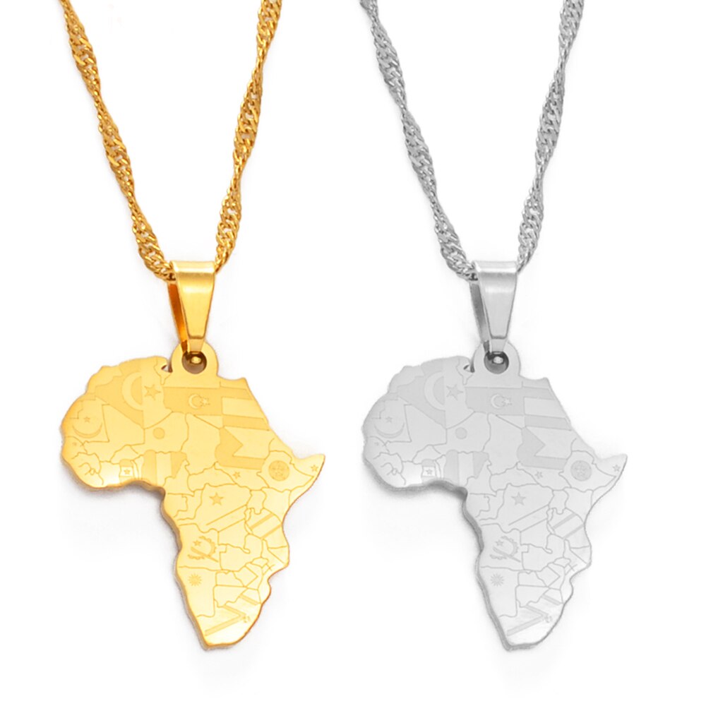 Anniyo Small Size Africa Map With Country Flag Pendant Chain Necklaces African Maps Jewelry for Women Girls #204021