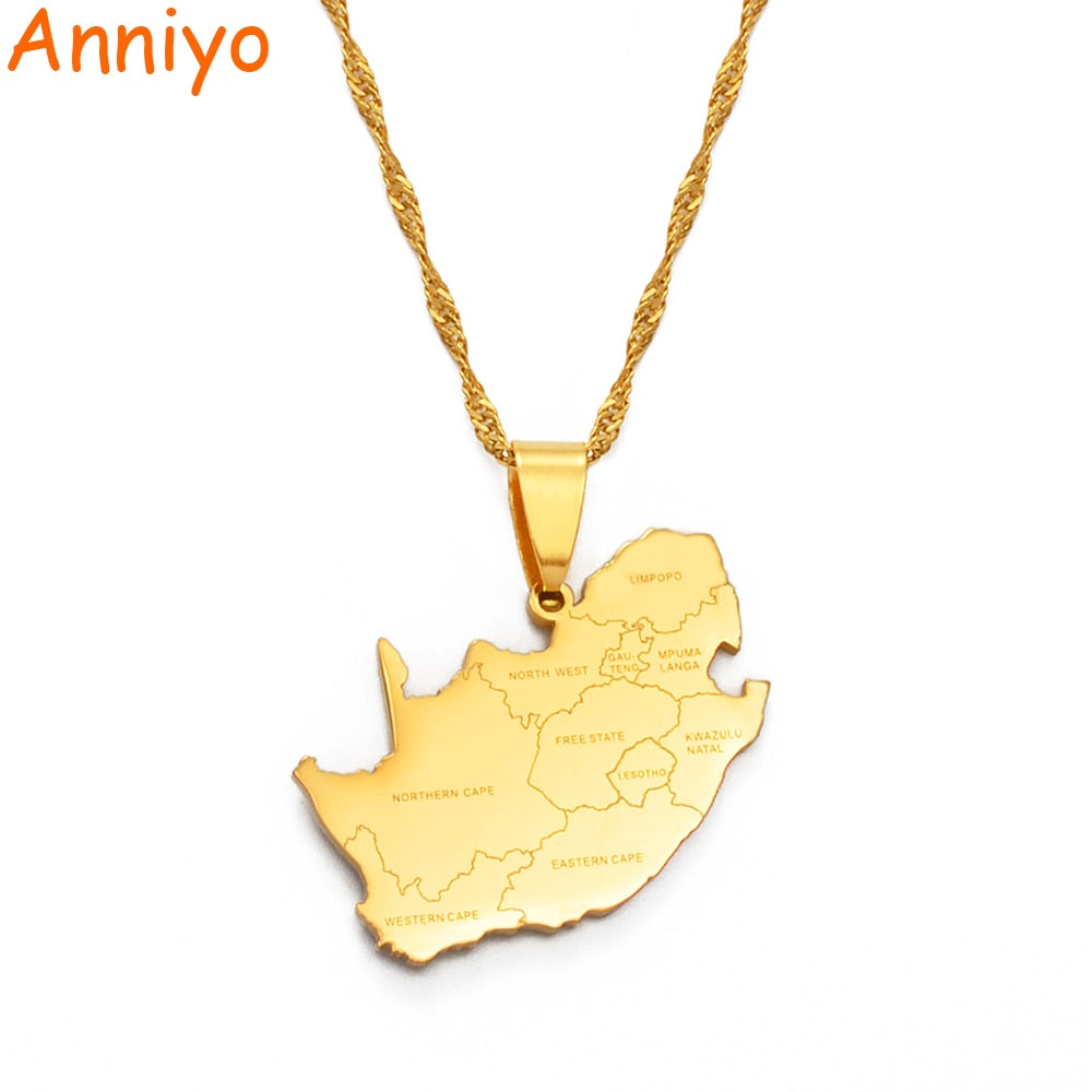 Anniyo South Africa Map and City Name Pendant Necklaces Jewelry Gold Color African Maps South Africans #203921