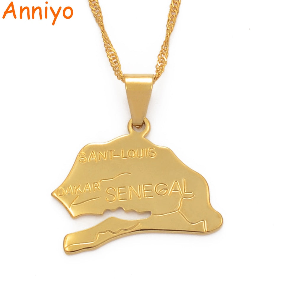 Anniyo The Republic of Senegal Map Pendant Necklaces for Women Girl Gold Color Jewelry Africa Items Ethnic Model Maps #012210