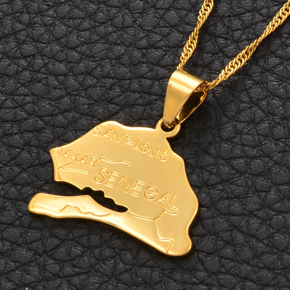 Anniyo The Republic of Senegal Map Pendant Necklaces for Women Girl Gold Color Jewelry Africa Items Ethnic Model Maps #012210
