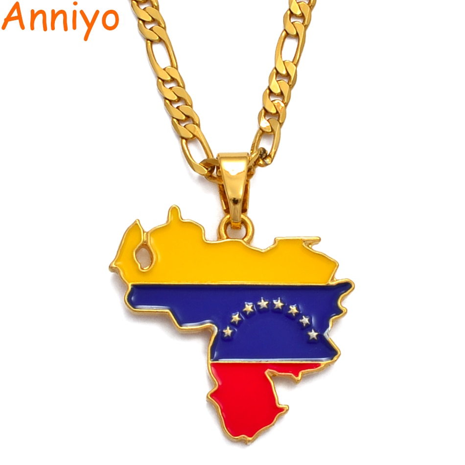 Anniyo Venezuela Map & Flag Pendant Necklace for Women/Men Gold Color Jewelry Venezuelan Items #116206