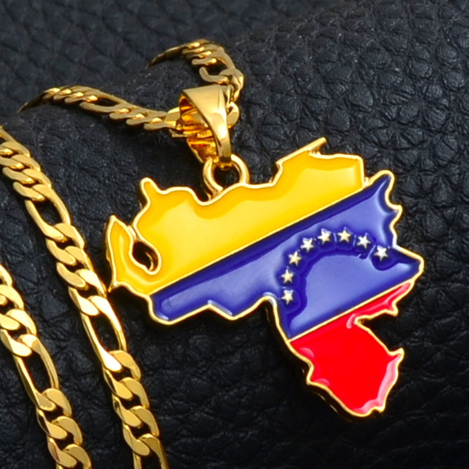 Anniyo Venezuela Map & Flag Pendant Necklace for Women/Men Gold Color Jewelry Venezuelan Items #116206