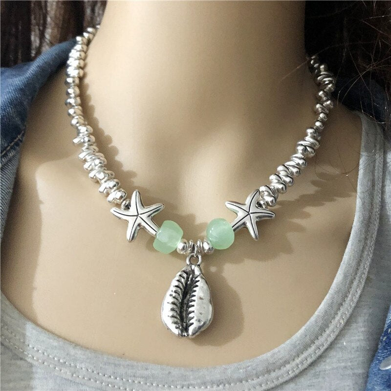 Anslow Creative Designer Ocean Sea Shell Starfish Statement Collar Female Necklace Irregular Beads Handmade Pendant LOW0037AN