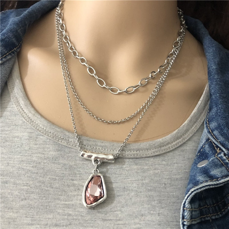 Anslow  Jewelry Antique Silver Multilayer Chain Irregular Crystal Pendant Choker Necklace For Women Femme Gift LOW0023AN