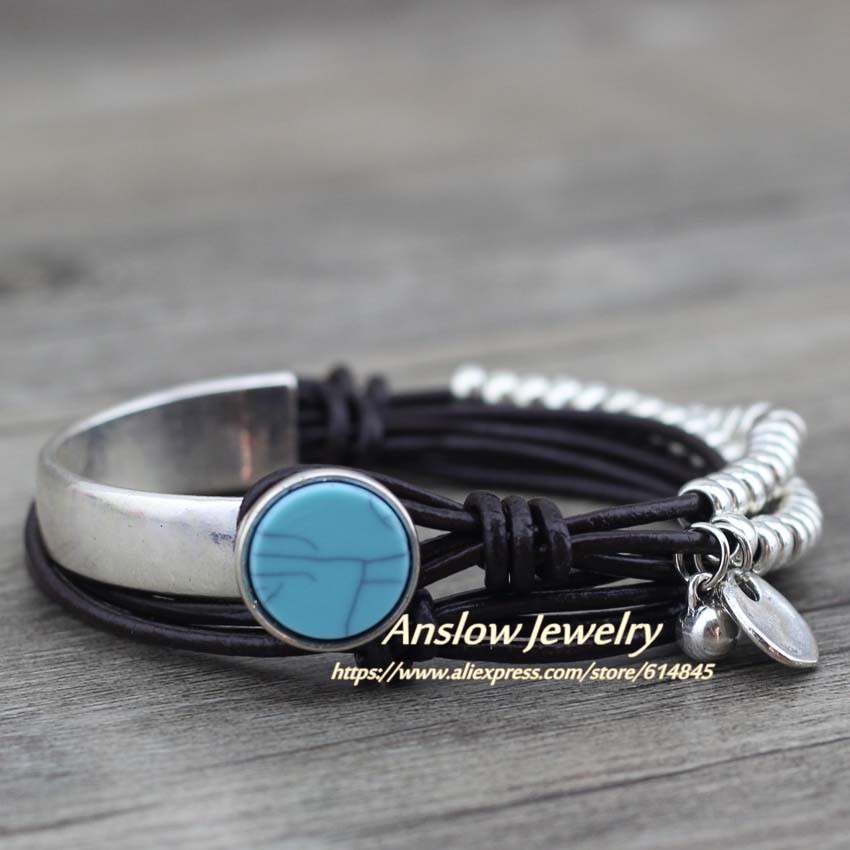 New Design Fashion Jewelry Summer Style Resin Unique Silver Beads Leather Bracelet For Women Valentine's D LOW0501LB