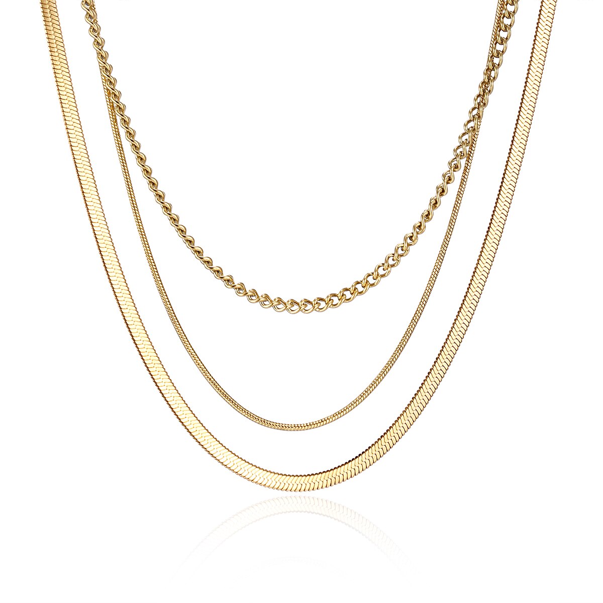 Anti-allergic Minimalist Three Layer Snake Chain Necklace For Women 18K Gold Plated Box&Herringbone Chain Choker Jewelry Gift