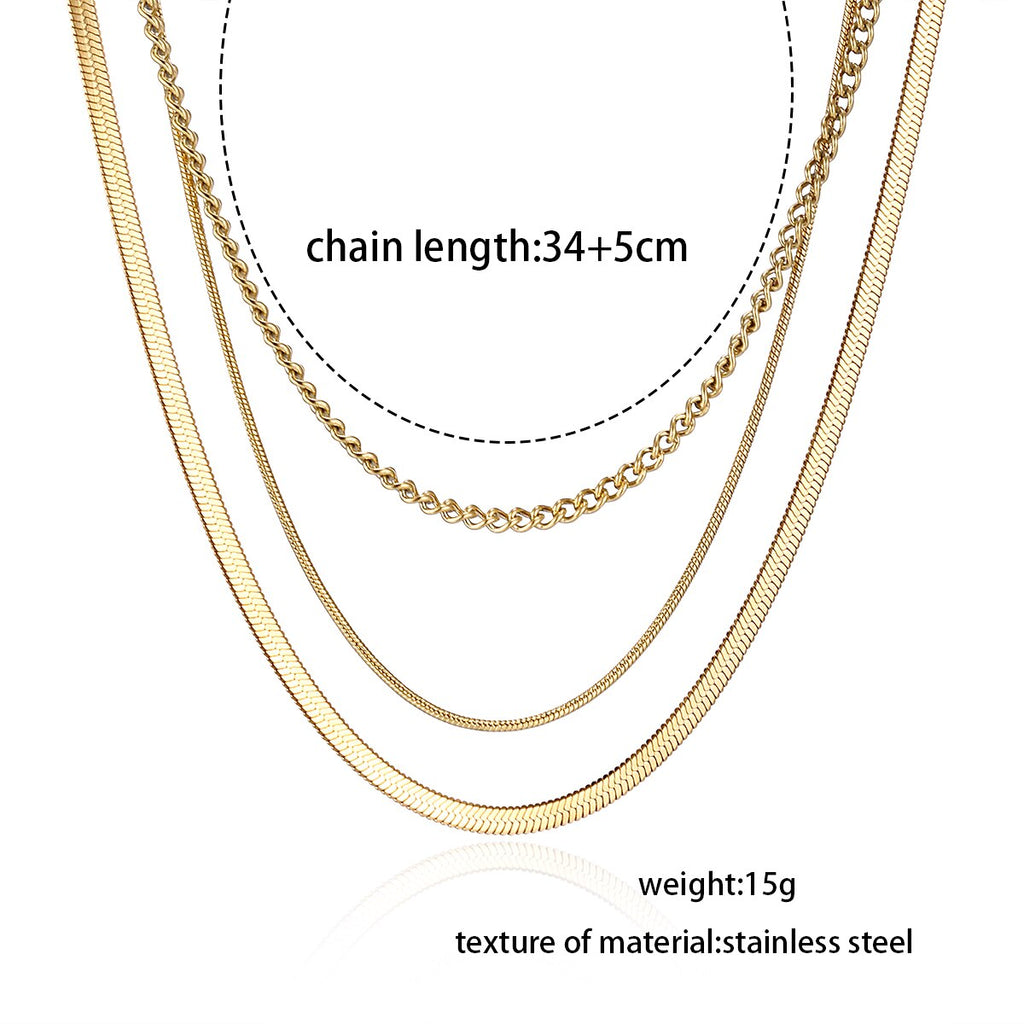 Anti-allergic Minimalist Three Layer Snake Chain Necklace For Women 18K Gold Plated Box&amp;Herringbone Chain Choker Jewelry Gift