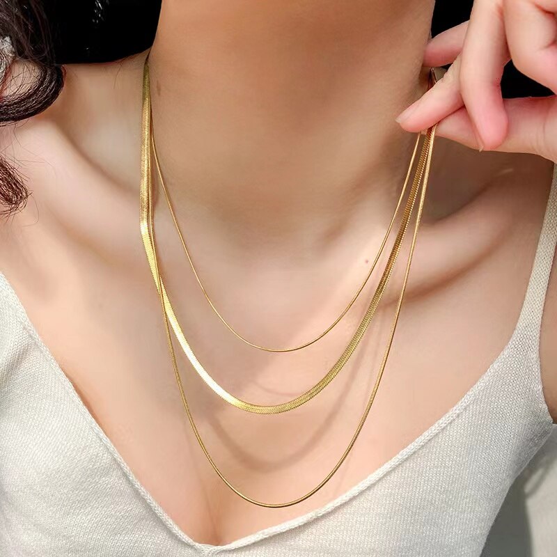 Anti-allergic Minimalist Three Layer Snake Chain Necklace For Women 18K Gold Plated Box&amp;Herringbone Chain Choker Jewelry Gift