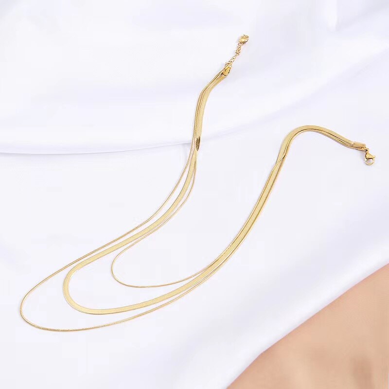 Anti-allergic Minimalist Three Layer Snake Chain Necklace For Women 18K Gold Plated Box&amp;Herringbone Chain Choker Jewelry Gift