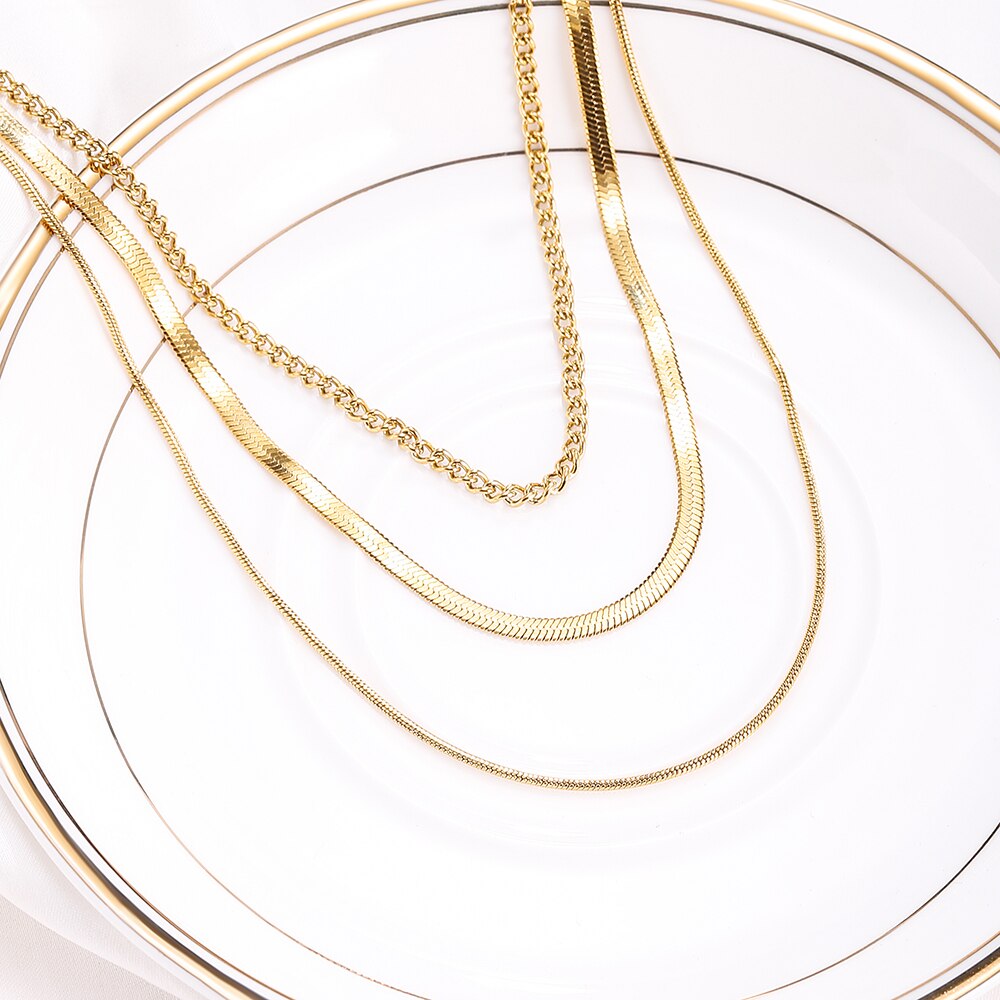 Anti-allergic Minimalist Three Layer Snake Chain Necklace For Women 18K Gold Plated Box&amp;Herringbone Chain Choker Jewelry Gift